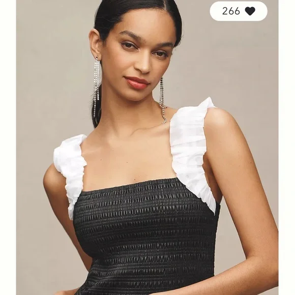 Anthropologie Black Smocked Top with White Ruffle Straps - Picture 1 of 3